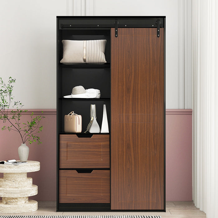 71" High Wardrobe And Cabinet, Clothes Locker, classic Sliding Barn Door Armoire, Lockers, For Bedrooms, Cloakrooms, Living Rooms, Black & Brown