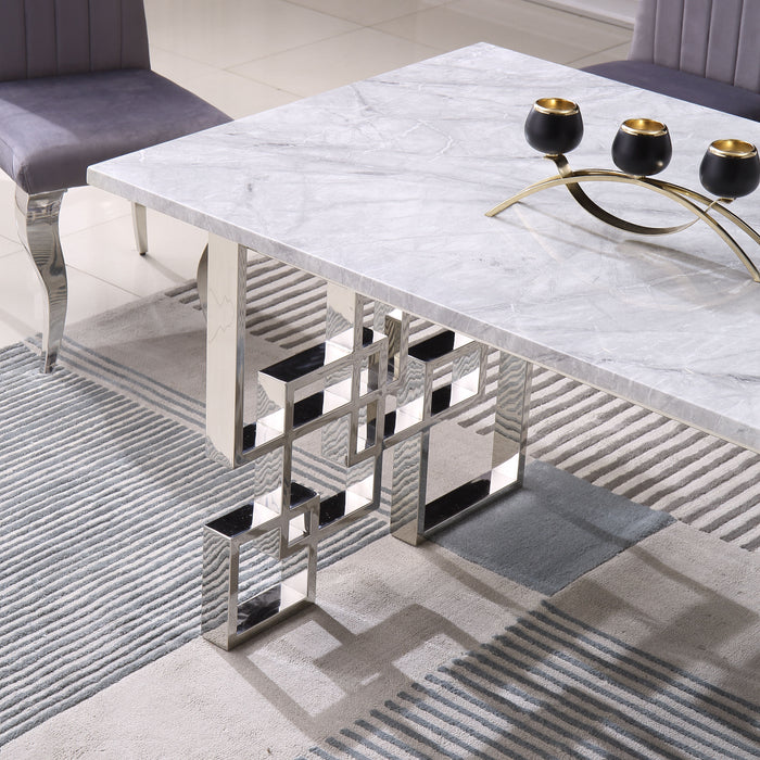 Contemporary Rectangular Marble Table, 0.71" Marble Top, Silver Mirrored Finish, Luxury Design For Home (63" X35.4" X29.5" )
