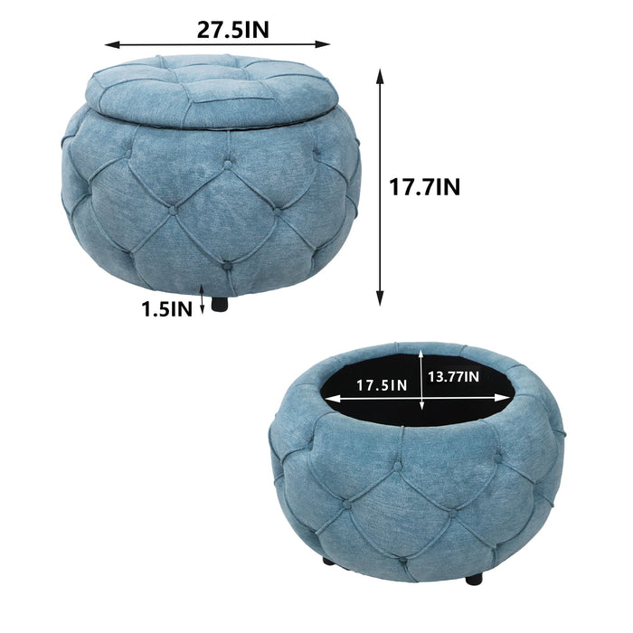 Large Button Tufted Woven Round Storage Ottoman For Living Room & Bedroom - Blue
