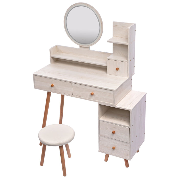 Crazy Elf Stylish Vanity Table + Cushioned Stool, Touch Control Led Mirror, Large Capacity Storage Cabinet, 5 Drawers, Fashionable Makeup Furniture, Length Adjustable (L31.5"-43.2"X W15.8" X H48.1")