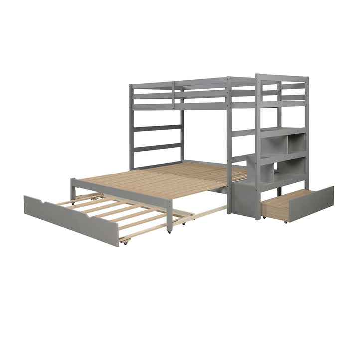 Twin Over Twin/King (Irregular King Size) Bunk Bed With Twin Size Trundle, Extendable Bunk Bed - (Gray)
