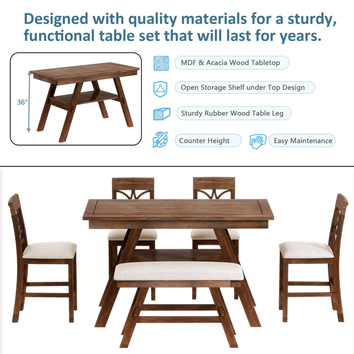 Topmax 6 Piece Wood Counter Height Dining Table Set With Storage Shelf, Kitchen Table Set With Bench And 4 Chairs, Rustic Style, Walnut / Beige Cushion