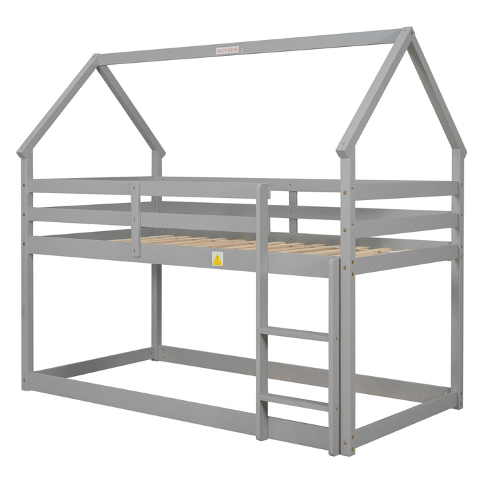 Twin Over Twin Loft Bed With Roof Design, Safety GuardrailAnd Ladder - Grey