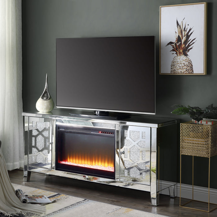 Acme - Noralie TV Stand With Fireplace Mirrored & Faux Diamonds