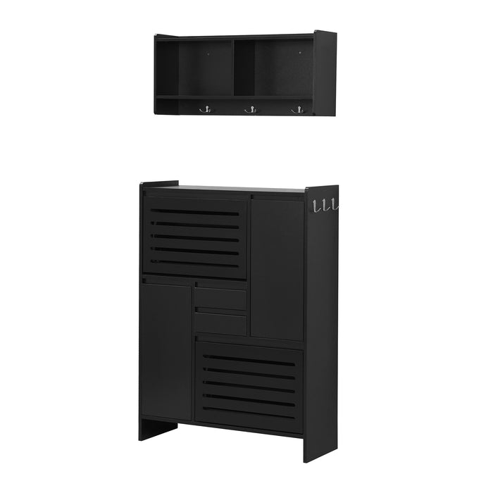 On Trend Multi Functional Shoe Cabinet With Wall Cabinet, Space - Saving Design Foyer Cabinet With 2 Flip Drawers, Versatile Side Cabinet For Hallway, Black
