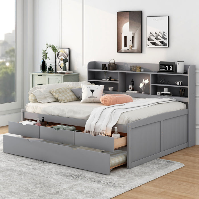 Full Size Wooden Captain Bed With Built - In Bookshelves, Three Storage Drawers And Trundle, Light Grey
