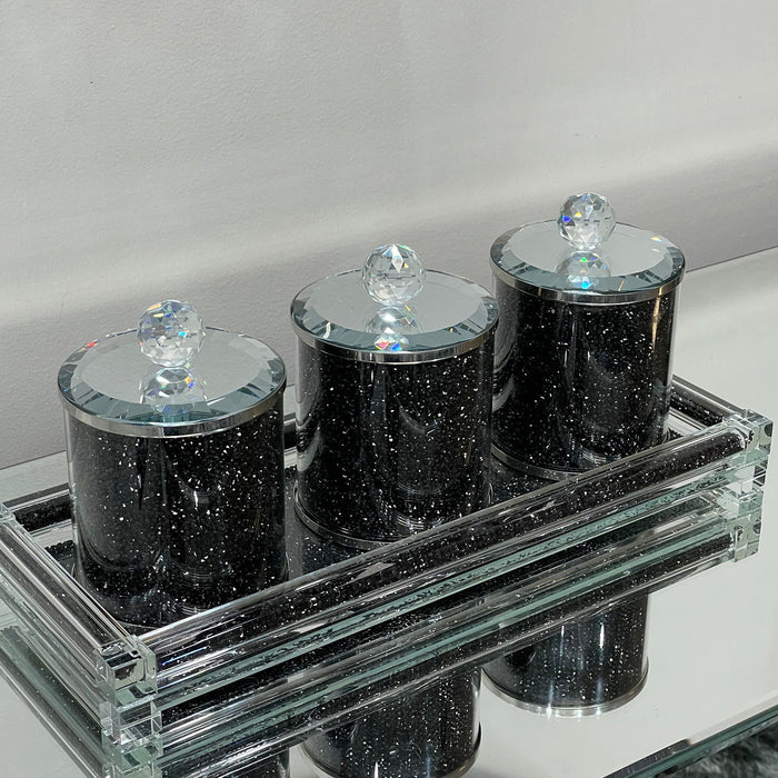 Ambrose Exquisite Tea, Sugar, Coffee Canisters With Tray In Crushed Diamond Glass In Gift Box - Black