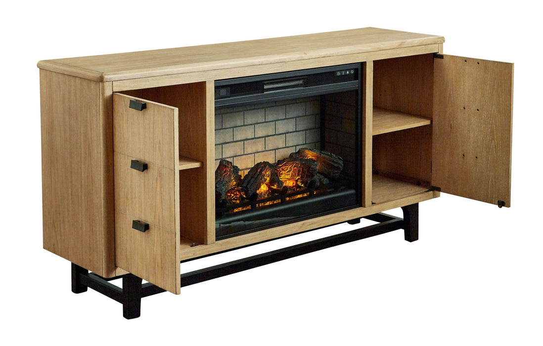 Freslowe - Light Brown / Black - TV Stand With Electric Infrared Fireplace Insert Unique Piece Furniture