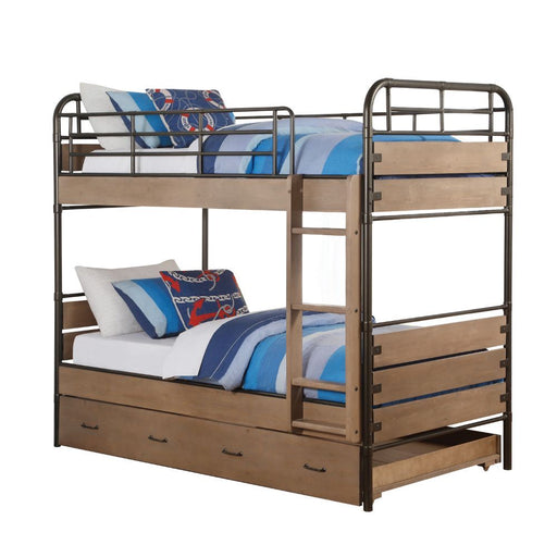 Adams - Twin Over Twin Bunk Bed & Trundle - Antique Oak & Gunmetal Unique Piece Furniture