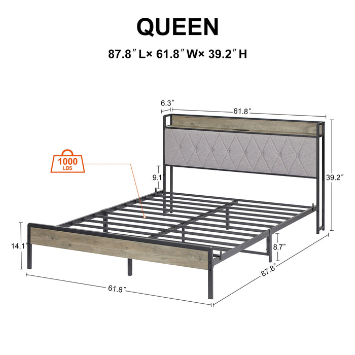 Bed Frame With Charging Station Full Size, Grey