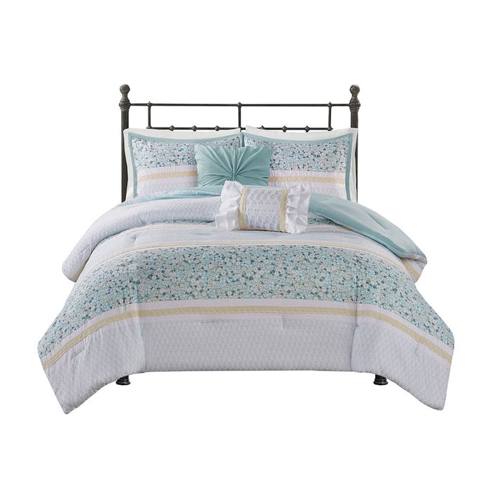 5 Piece Seersucker Comforter Set With Throw Pillows - Aqua