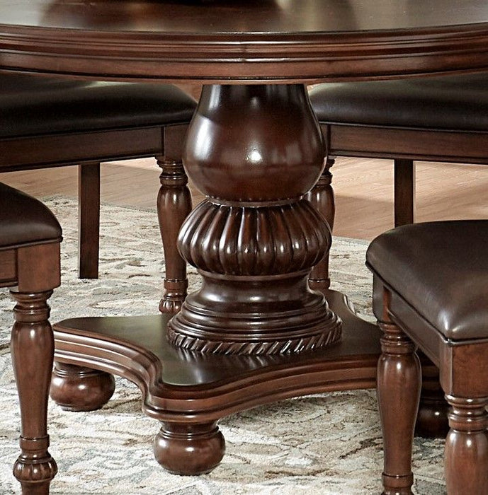 Elegant Design 5 Pieces Dining Set Brown Cherry Finish Pedestal Base Table And 4 Side Chairs Faux Leather Upholstered Traditional Dining Room Furniture