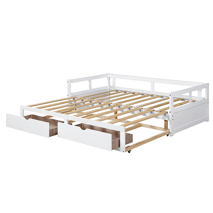 Wooden Daybed With Trundle Bed And Two Storage Drawers, Extendable Bed Daybed, Sofa Bed For Bedroom Living Room, White