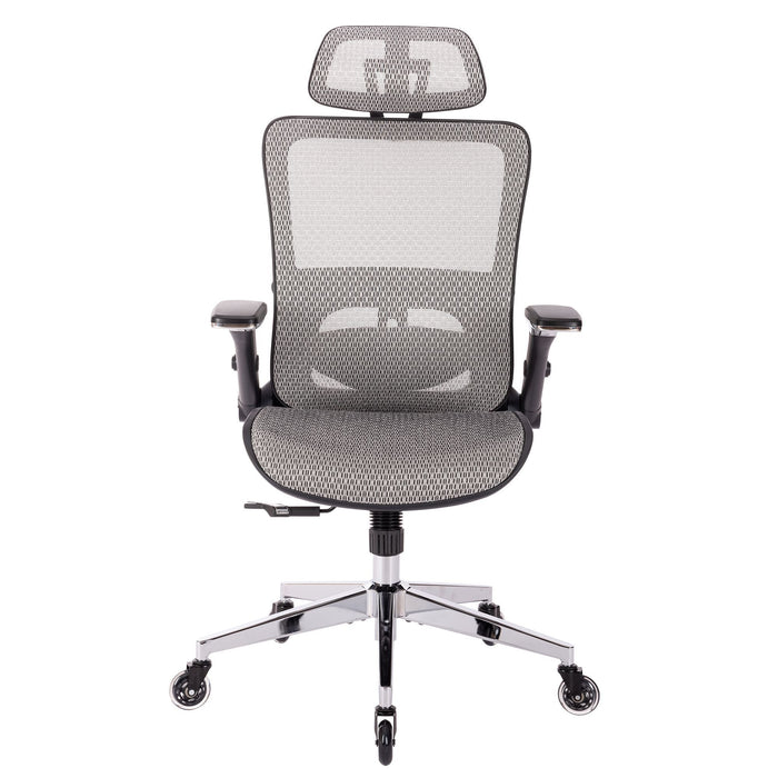 Ergonomic Mes Height Office Chair, High Back - Adjustable Headrest With Flip-Up Arms, Tilt And Lock Function, Lumbar Support And Blade Wheels, Kd Chrome Metal Legs - Gray