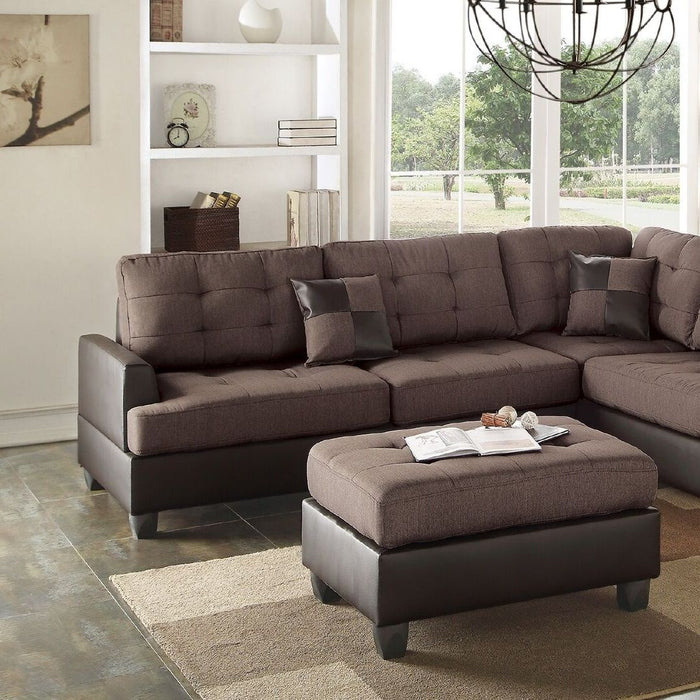 Sectional Sofa Chocolate Polyfiber Cushion Tufted Reversible 3 Pieces Sectional Sofa, Chaise Ottoman Living Room Furniture