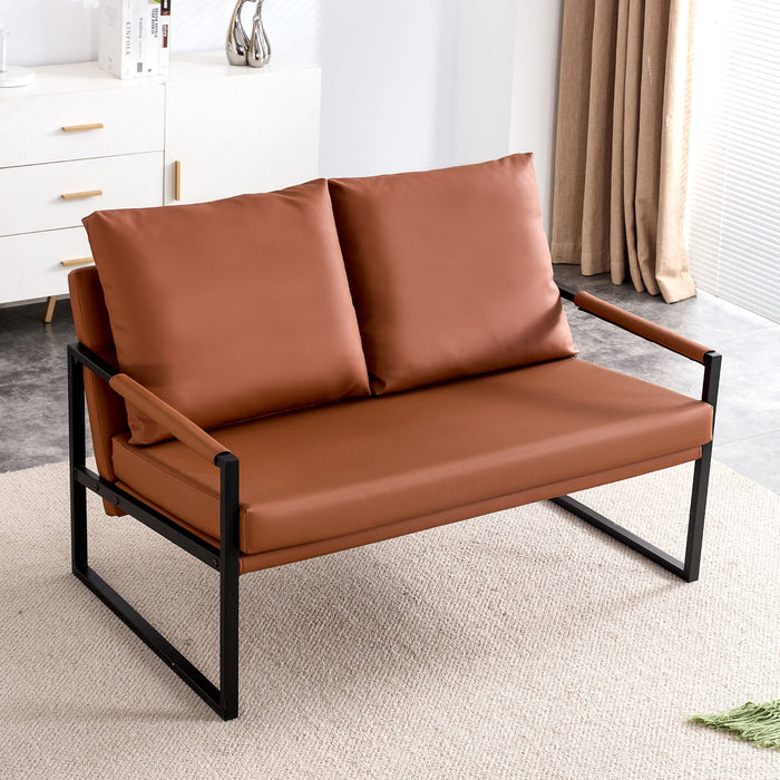 Modern Two - Seater Sofa Chair With 2 Pillows - Leather, High - Density Foam, Black Coated Metal Frame - Brown
