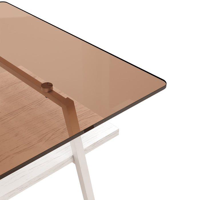 Rectangle Coffee Table, Tempered Glass Tabletop With White Metal Legs, Modern Table For Living Room, Brown Glass