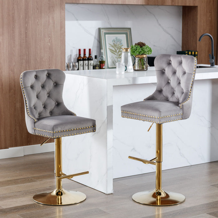 A&A Furniture, Thick Golden Swivel Barstools Adjusatble Seat Height From, Modern Upholstered Bar Stools With Backs Comfortable Tufted For Home Pub And Kitchen Island Gray (Set of 2)