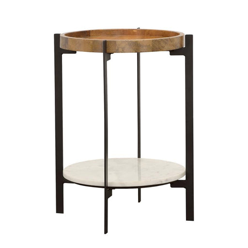 Adhvik - Round Accent Table With Marble Shelf - Natural And Black Unique Piece Furniture