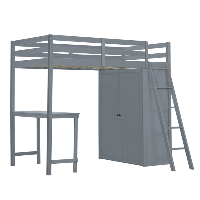Twin Size Loft Bed With Wardrobe And Desk, Gray