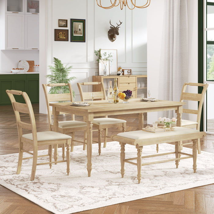 Topmax 6 - Peice Dining Set With Turned Legs, Kitchen Table Set With Upholstered Dining Chairs And Bench, Retro Style, Natural