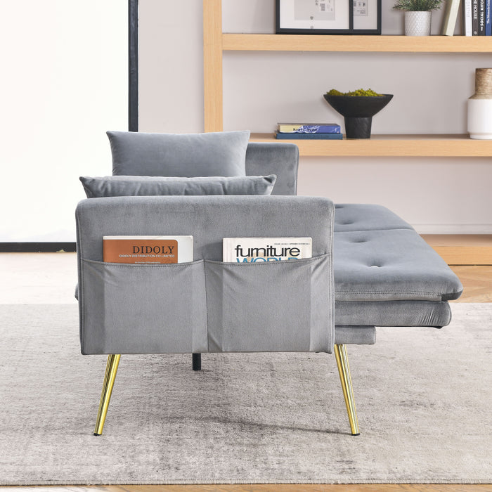Convertible Sofa Bed, Adjustable Velvet Sofa Bed - Velvet Folding Lounge Recliner - Reversible Daybed - Ideal For Bedroom With Two Pillows And Center Leg - Grey