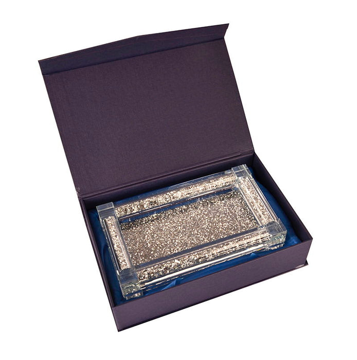 Ambrose Exquisite Tea, Sugar, Coffee Canisters With Tray In Crushed Diamond Glass In Gift Box - Silver