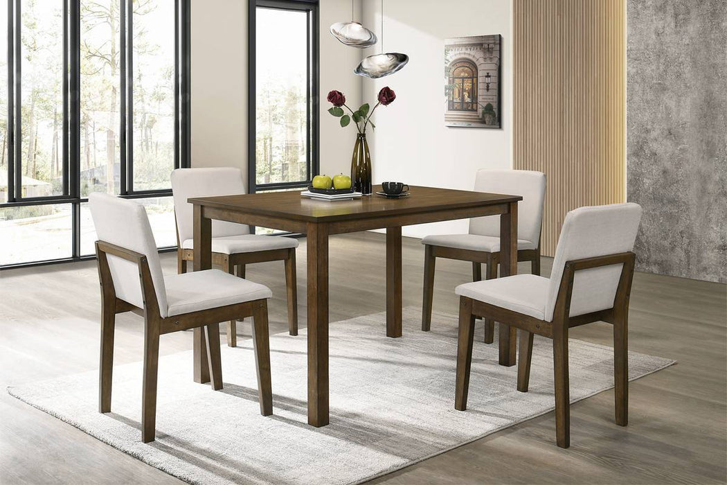 Dark Walnut Finish 5 Pieces Dining Room Set Dining Table 4 Chairs Beige Fabric Chair Seat Kitchen Breakfast Dining Room Furniture Rubberwood Veneer Unique Design