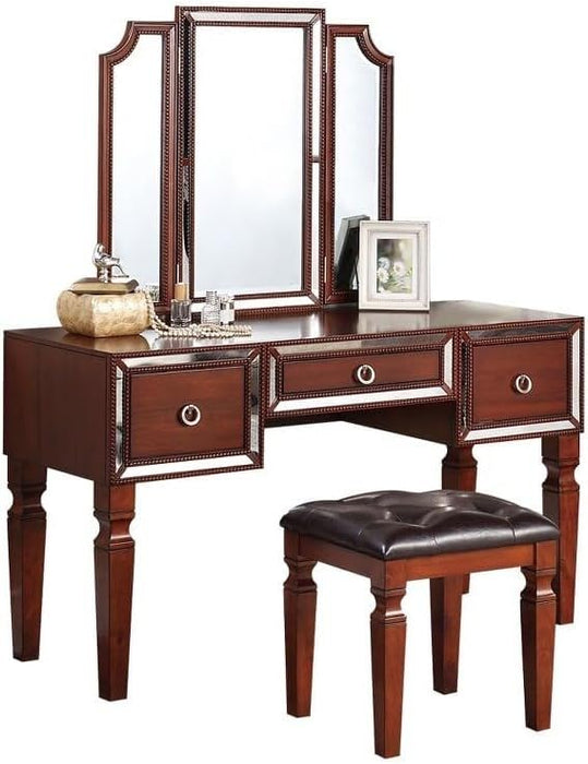 Luxurious Majestic Classic Cherry Color Vanity Set Stool 3- Storage Drawers 1 Piece Bedroom Furniture Set Tri-Fold Mirror