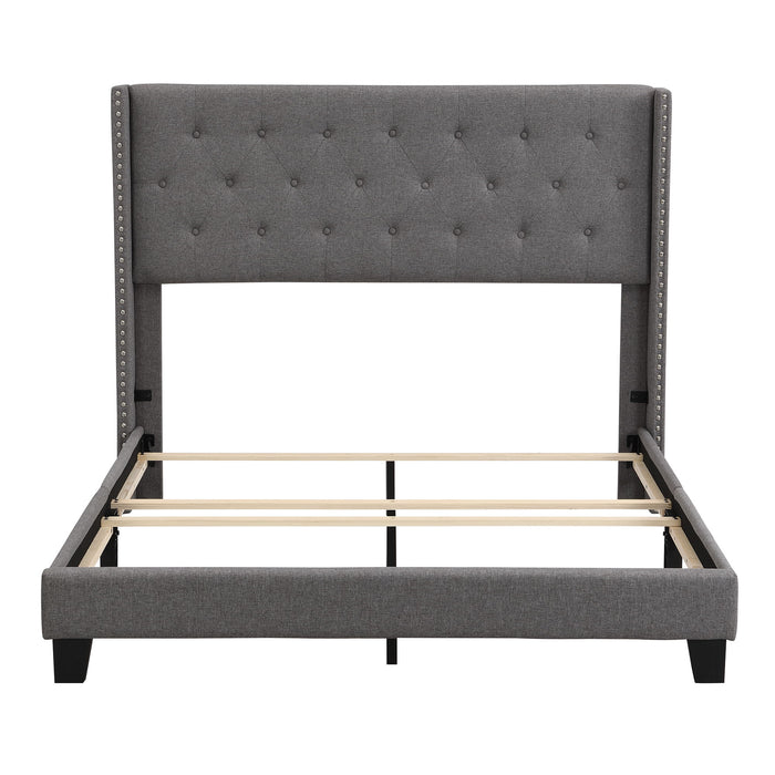 Upholstered Platform Bed With Classic Headboard, Box Spring Needed, Gray Linen Fabric, Queen Size