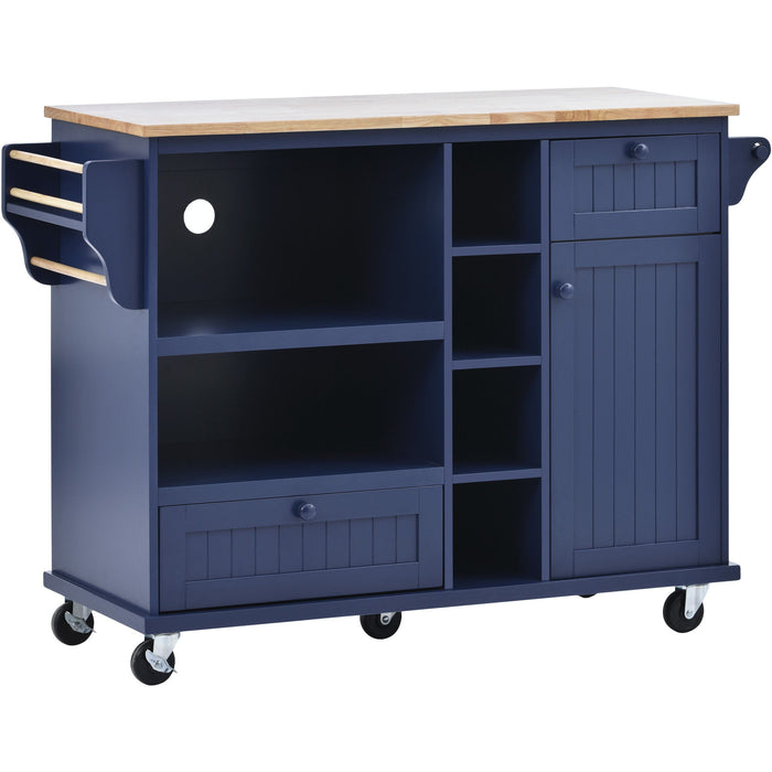 Kitchen Island Cart With Storage Cabinet And Two Locking Wheels, Solid Wood Desktop, Microwave Cabinet, Floor Standing Buffet Server Sideboard For Kitchen Room, Dining Room,, Bathroom (Dark Blue)