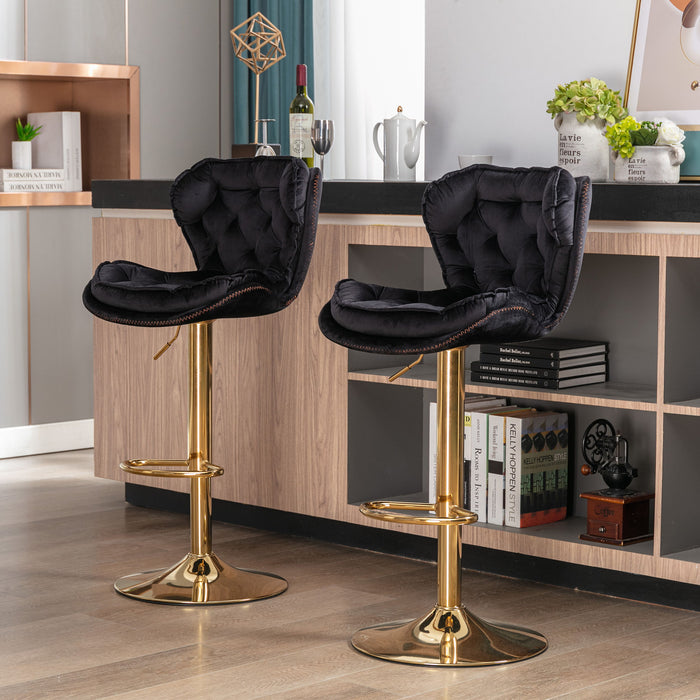 (Set of 2) Bar Stools, With Chrome Footrest And Base Swivel Height Adjustable Mechanical Lifting Black Velvet And Golden Leg Simple Bar Stool
