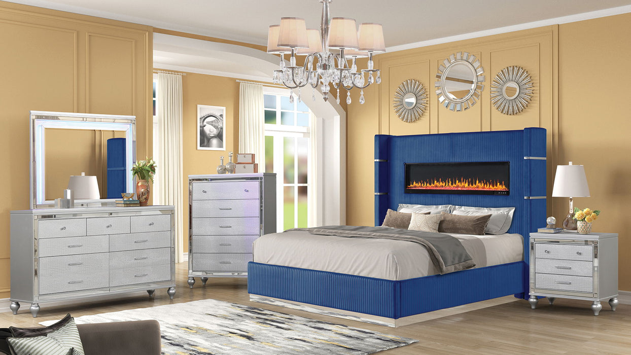 Lizelle Upholstery Wooden Queen 5 Pieces Bedroom Set With Ambient Lighting In Blue Velvet Finish