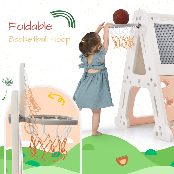 5-In-1 Toddler Climber Basketball Hoop Set Kids Playground Climber Playset With Tunnel, Climber, Whiteboard, Toy Building Block Baseplates, Combination