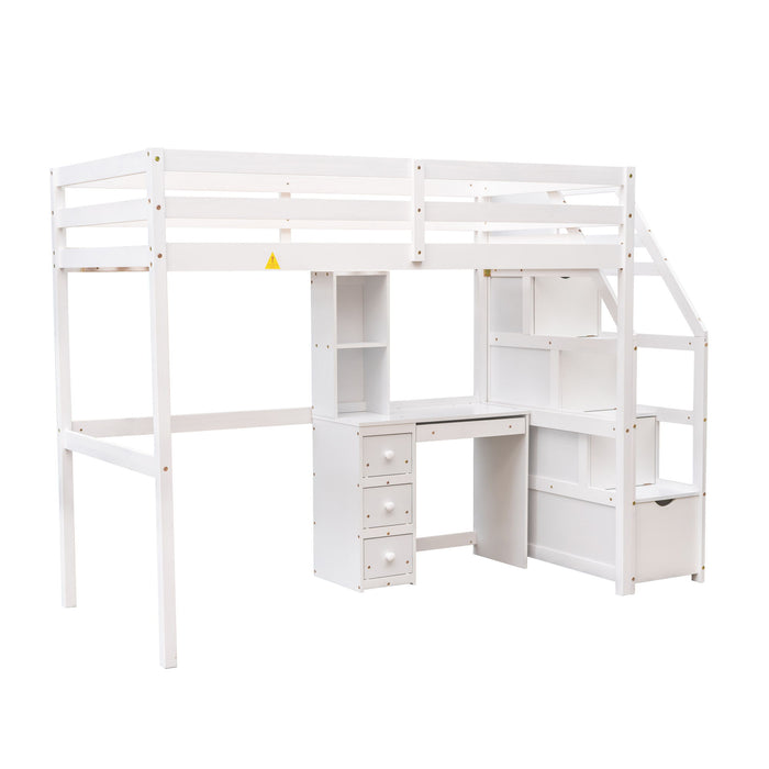 Twin Size Loft Bed With A Stand - Alone Bed, Storage Staircase, Desk, Shelves And Drawers, White