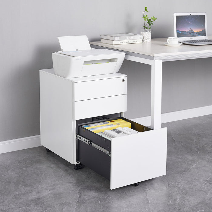 3 Drawer Mobile File Cabinet With Lock Steel File Cabinet For Legal / Letter / A4 / F4 Size, Fully AssembLED Include Wheels, Home / Office Design - White