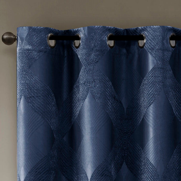 Ogee Knitted Jacquard Total Blackout Curtain Panel, Navy