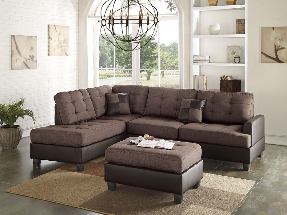 Sectional Sofa Chocolate Polyfiber Cushion Tufted Reversible 3 Pieces Sectional Sofa, Chaise Ottoman Living Room Furniture