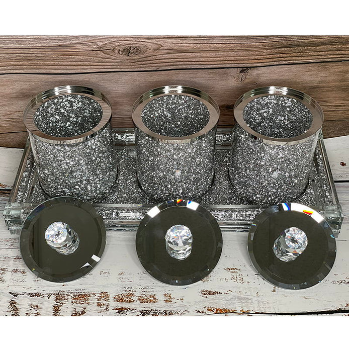 Ambrose Exquisite Tea, Sugar, Coffee Canisters With Tray In Crushed Diamond Glass In Gift Box - Silver