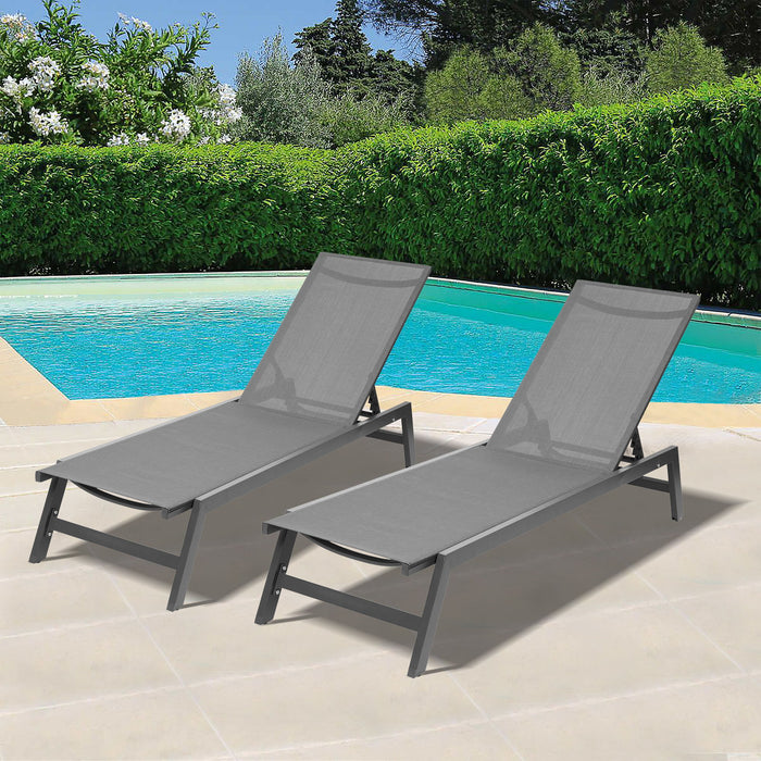 Outdoor (Set of 2) Chaise Lounge Chairs, Five - Position Adjustable Aluminum Recliner, All Weather For Patio, Beach, Yard, Pool (Gray Frame / Dark Gray Fabric)