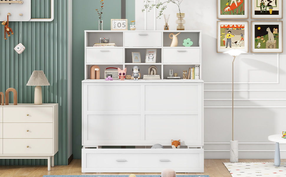 Queen Size Murphy Bed With Bookcase, Bedside Shelves And A Big Drawer - White