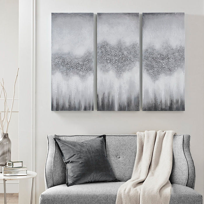 Heavily Embellished 3 Piece Canvas Wall Art Set - Grey