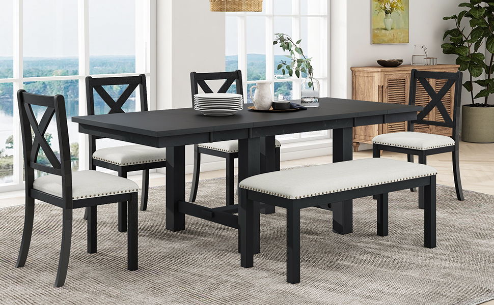 Top max Farmhouse 82 Inch 6 Piece Extendable Dining Table With Footrest, 4 Upholstered Dining Chairs And Dining Bench, Two 11"Removable Leaf, Black / Beige Cushion
