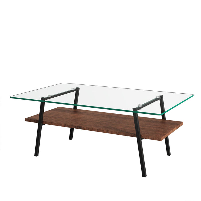 Rectangle Coffee Table, Tempered Glass Tabletop With Black Metal Legs, Modern Table For Living Room, Transparent Glass