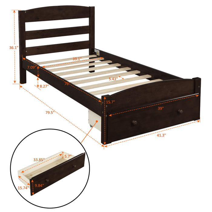 Platform Twin Bed Frame With Storage Drawer And Wood Slat Support No Box Spring Needed, Espresso