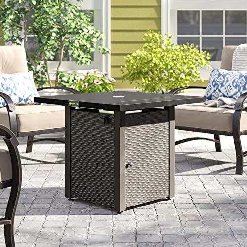 28In Outdoor Propane Fire Pit Table, 50, 000Btu, Outside Gas Dinning Fire Table With Lid, Rattan & Wicker Look, Lava Stone, Etl Certification, With Adjustable Flame Apply To Garden Patio Backyard