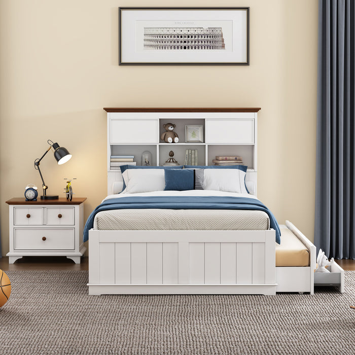 2 Pieces Wooden Captain Bedroom Set Full Bed With Trundle And Nightstand, White / Walnut