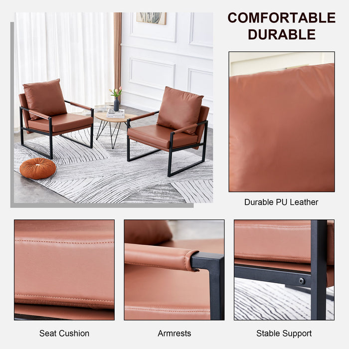 (Set of 2) Sofa Chairs PU Leather Armchair Modern Metal Frame Upholstered Armchair Super Thick Upholstered Backrest And Cushion Living Room Sofa Chair (Brown PU Leather + Metal Frame + Foam)