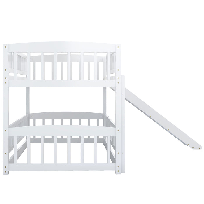 Bunk Bed With Slide, Twin Over Twin Low Bunk Bed With Fence And Ladder For Toddler Kids Teens White