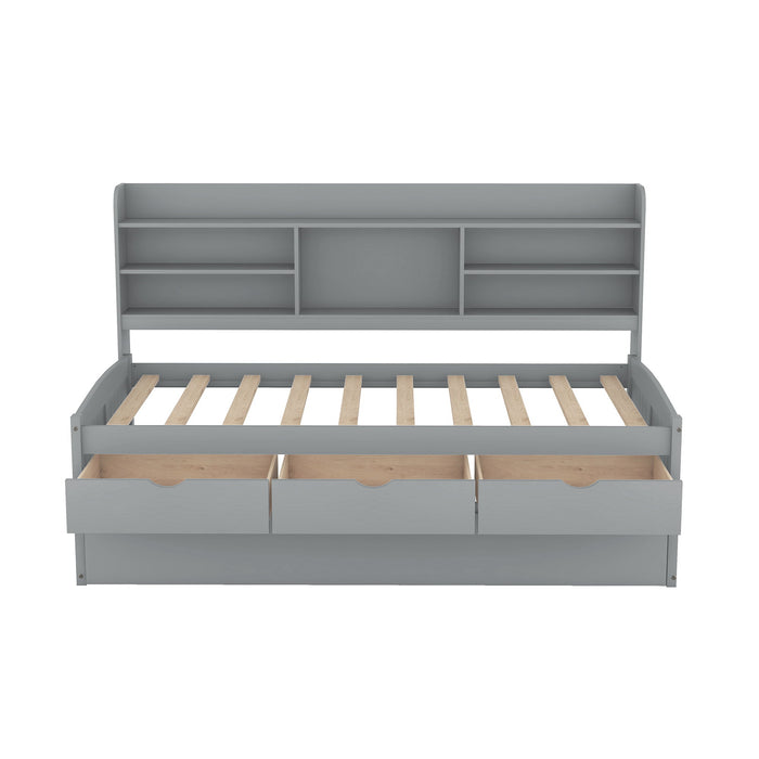 Twin Size Wooden Captain Bed With Built-In Bookshelves, Three Storage Drawers And Trundle, Light Grey